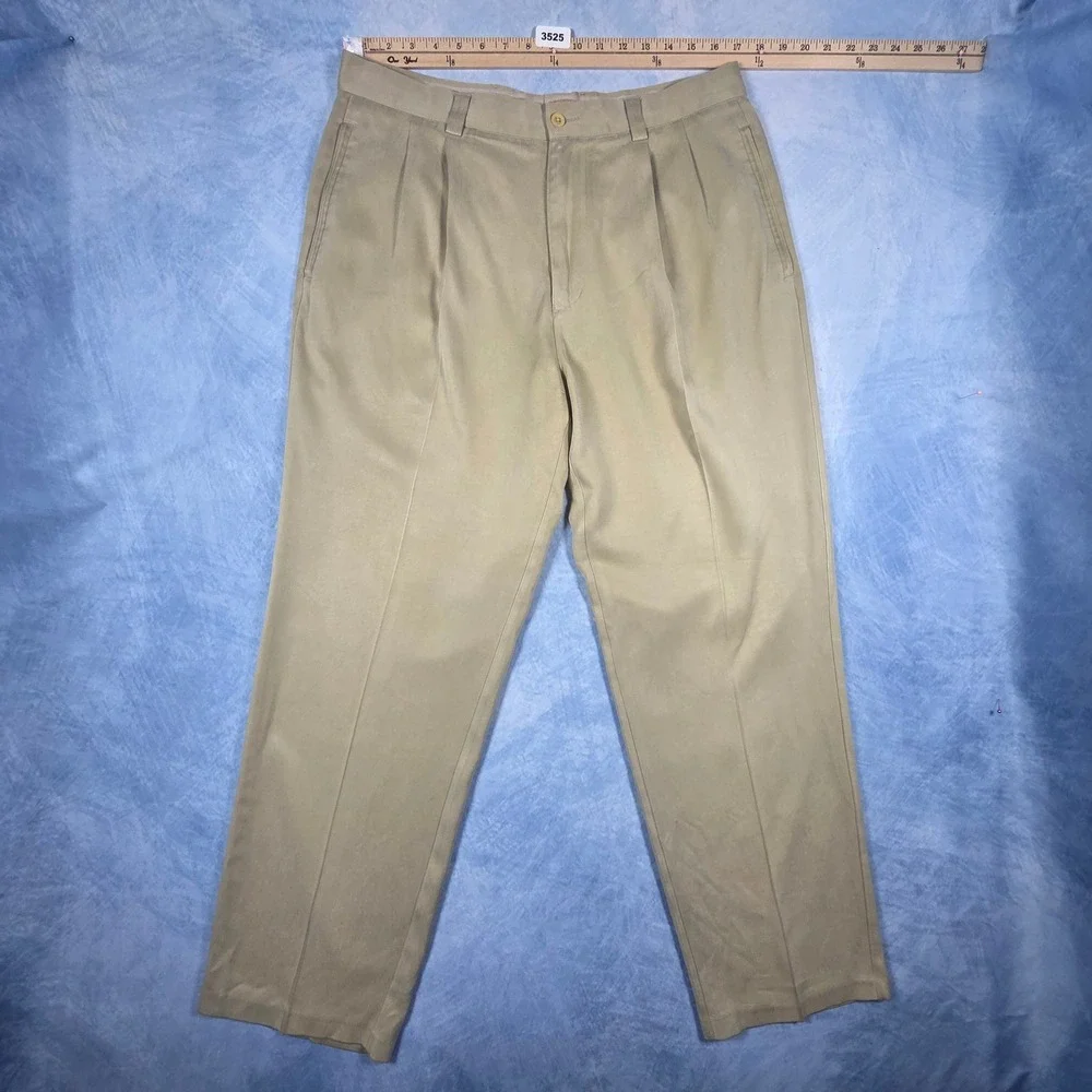Tommy Bahama Relax Mens 35x30 Tan 100% Silk Pleated Dress Pants Khaki Trousers